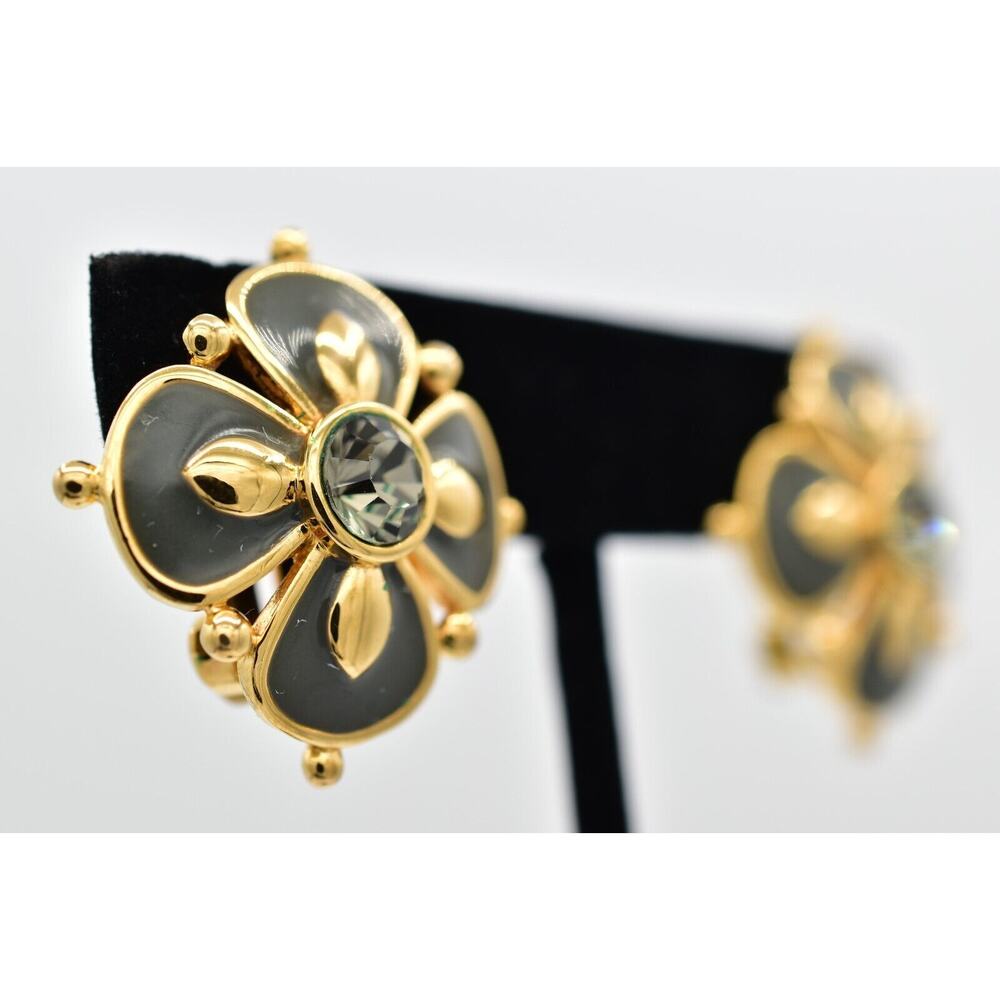 Joan Rivers Vintage Flower Clip On Earrings Gray Enamel Crystal Signed 90s BinBK - Picture 4 of 15